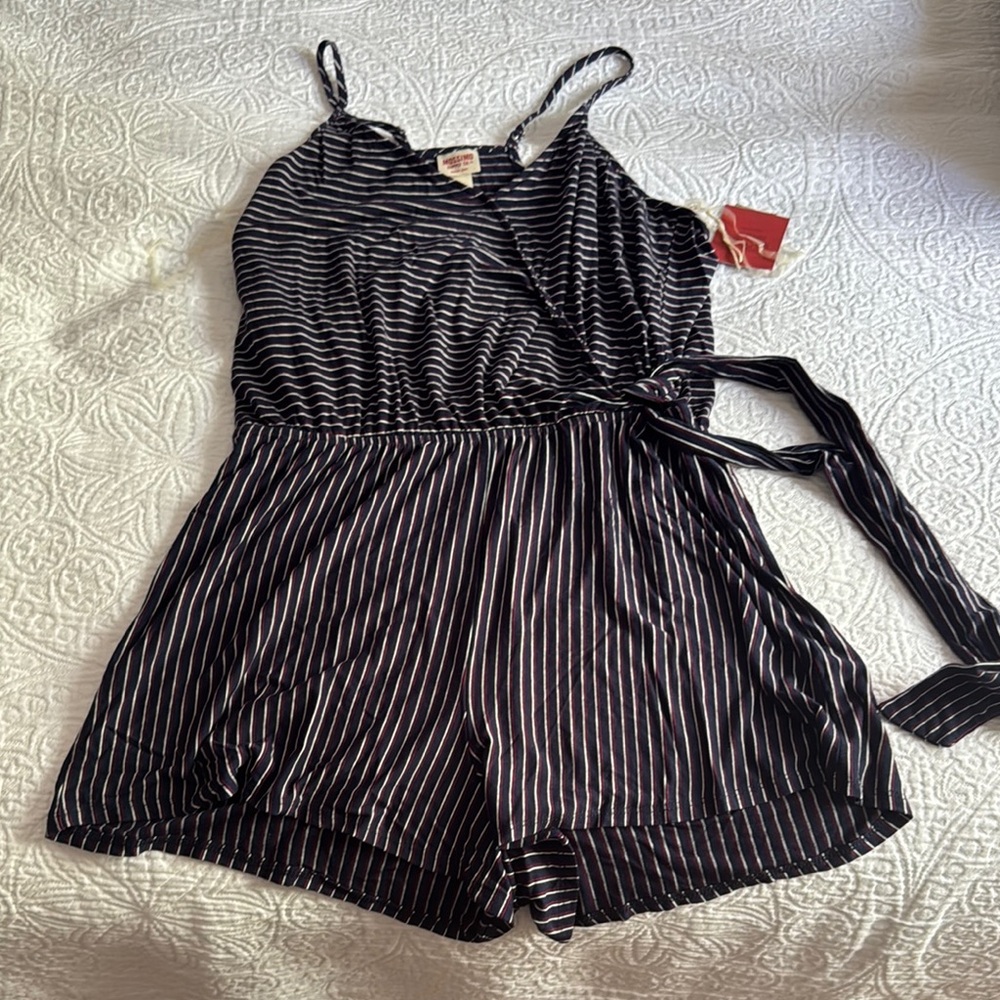 Striped navy white red romper